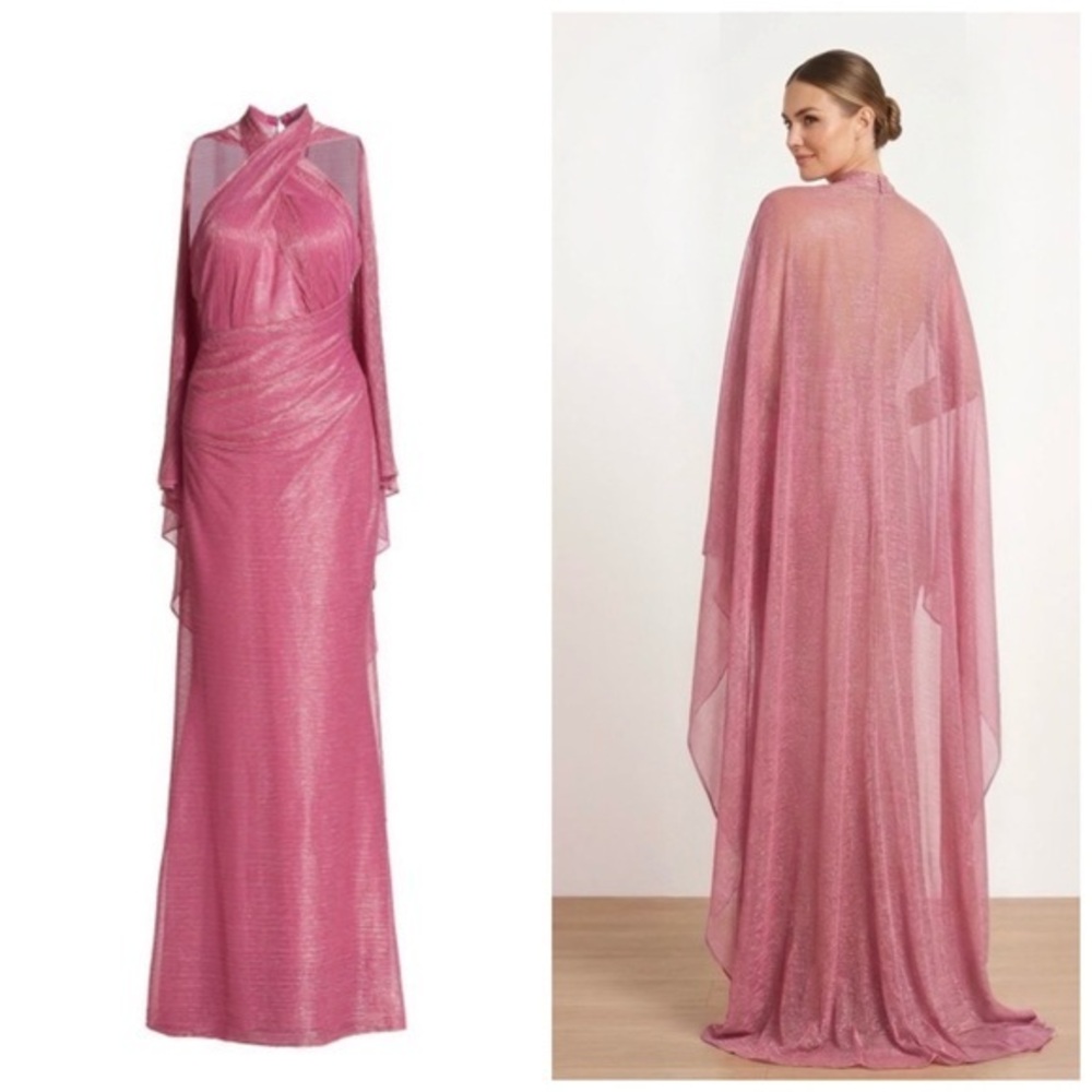 Talbot Runhof Metallic Voile Halter Cape Gown Size 10 $2795